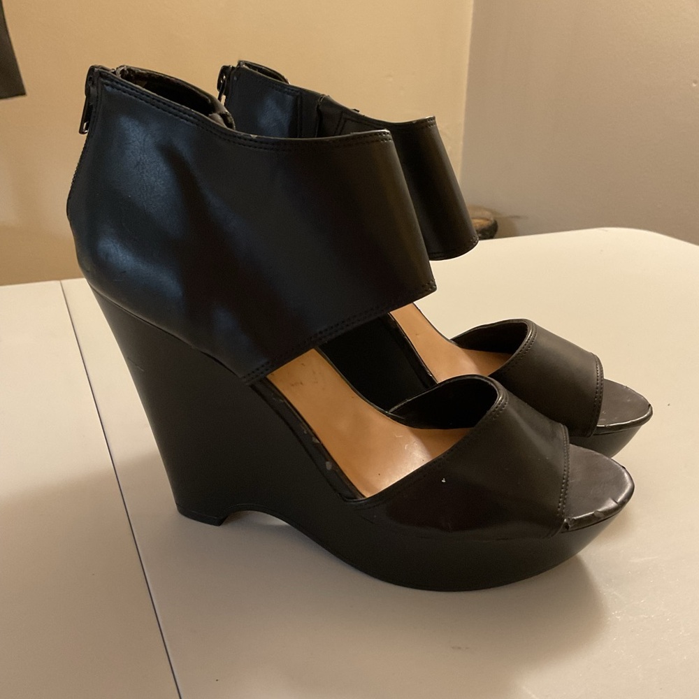 Nine West Black Peep-Toe Wedge Sandals with Ankle Cuff